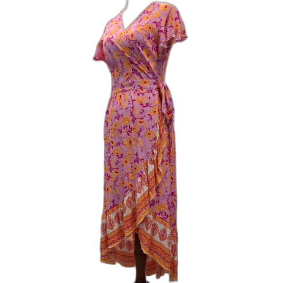 ZESICA Pink & Orange Floral Bohemian Wrap V-Neck Ruffle Flowy Midi Dress Size S - Picture 6 of 11